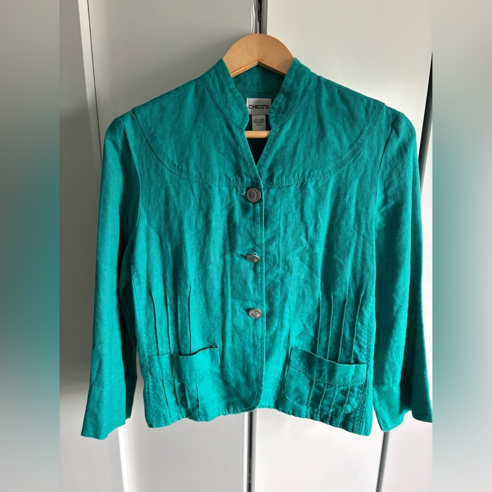 Chico's Linen Teal Blazer with Mandarin Collar